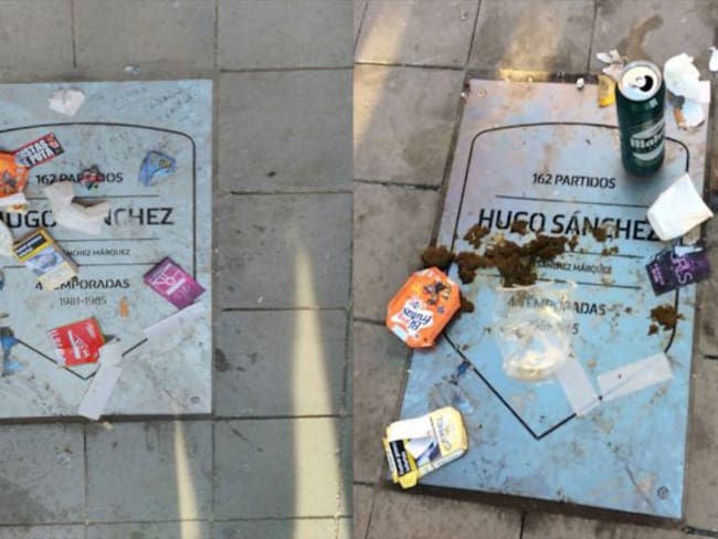 Aficionados vandalizan placa de Hugo Sánchez con estiércol