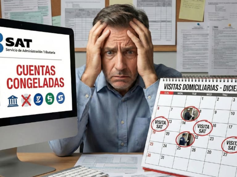 Contribuyente preocupado frente a una computadora mostrando aviso de cuentas congeladas por el SAT y un calendario de visitas domiciliarias. / Google Gemini.