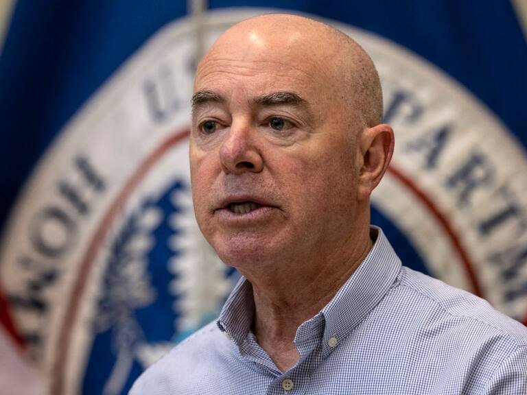EAGLE PASS, TEXAS - JANUARY 08: U.S. Department of Homeland Security Secretary Alejandro Mayorkas holds a press conference at a U.S. Border Patrol station on January 08, 2024 in Eagle Pass, Texas. Mayorkas visited Texas border areas where large numbers of migrants had been crossing over the Rio Grande from Mexico just weeks before. The number has recently dropped dramatically, according to Mayorkas since the Mexican government ramped up enforcement actions, slowing many migrants from reaching the U.S. southern border. (Photo by John Moore/Getty Images)