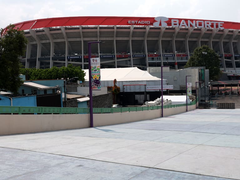 The panoramic view of Banorte Stadium, seen from its main esplanade in the southern part of Mexico City, Mexico, on May 13, 2026. On May 14, FIFA will take control of Banorte Stadium to begin preparations for the 2026 World Cup. (Photo by Jose Luis Torales/NurPhoto via Getty Images)