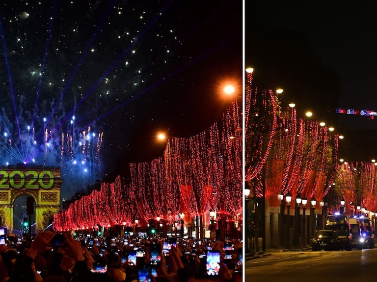 Comparativa del Arco del Triunfo, en París, entre la celebración del Año Nuevo 2020 y el recién 2021