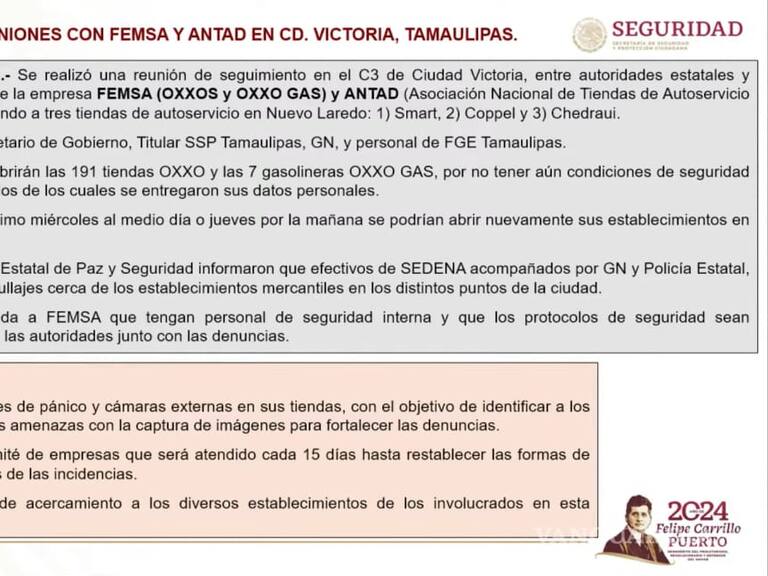 Informe de la reunión entre autoridades de Tamaulipas, FEMSA y ANTAD