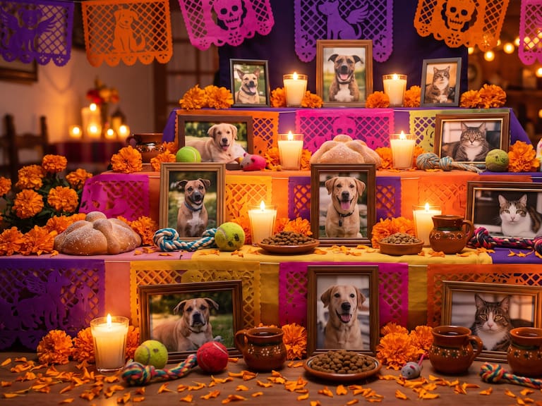 Una ofrenda para mascotas decorada con flores de cempasúchil, veladoras, fotografías de perros y gatos, así como algunos de sus juguetes y alimentos favoritos