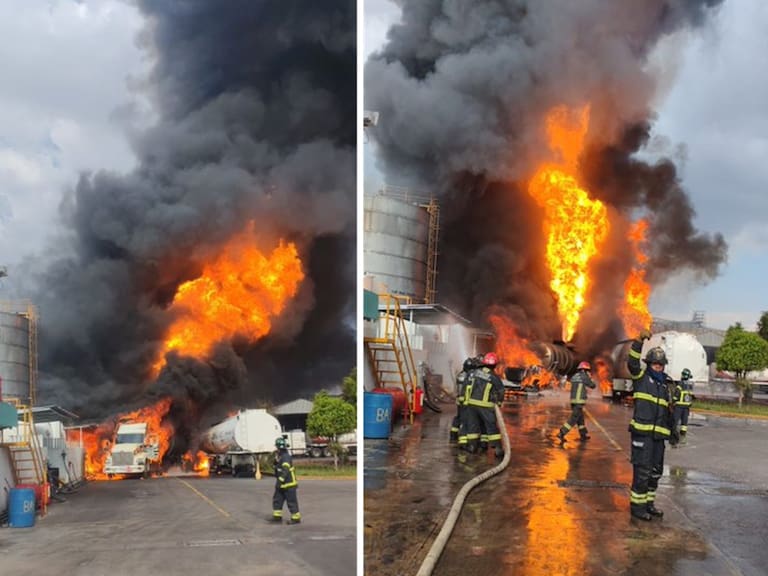 Elementos de Bomberos de Tlanepantla de Baez, municipios aledaños y de la CDMX atienden incendio en zona industrial con riesgo de pipas con diesel.
