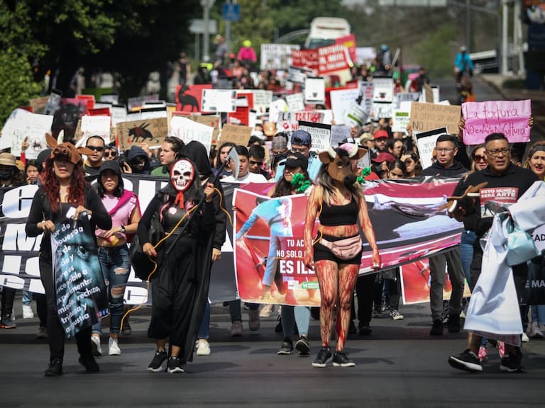 Decenas de personas en defensa de los derechos por los animales marcharon para exigir que se vuelvan a prohibir las corridas.