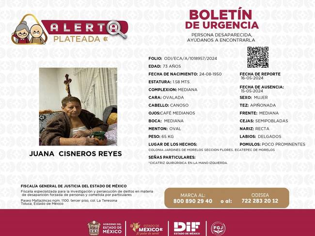 Se activa alerta plateada: buscamos a Juana Cisneros Reyes