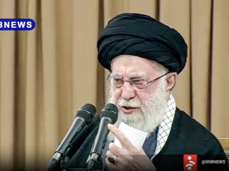 Iranian leader Ali Khamenei addresses the public
