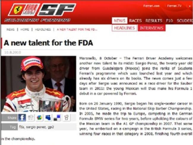 “El Checo” Pérez firma con la academia de Ferrari