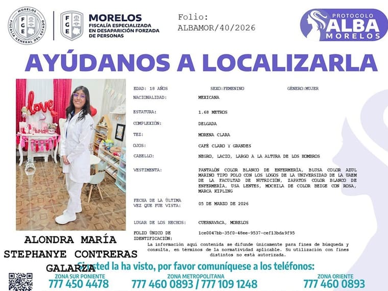 Reportan una tercera mujer desaparecida en Morelos; Alondra Maria Stephanye Contreras Galarza