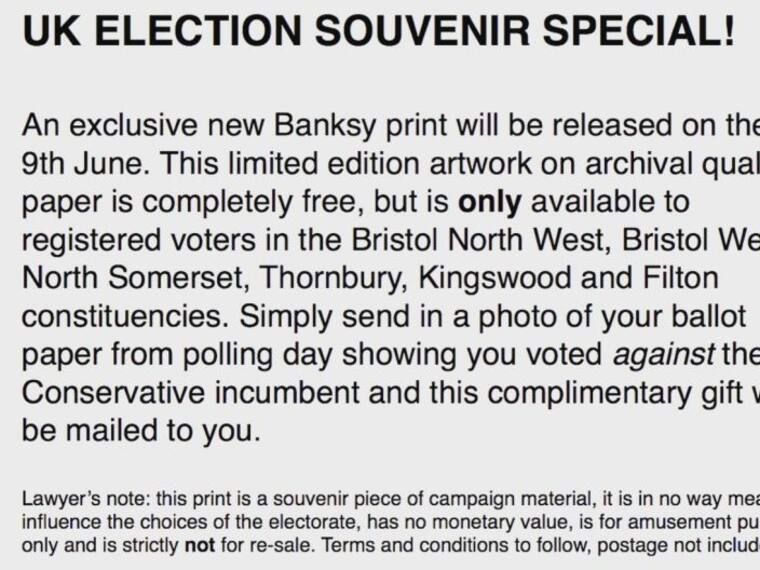 #AsíSopitas: Obligan a Bansky a retirar su oferta de dibujo por voto anticonservador en el Reino Unido