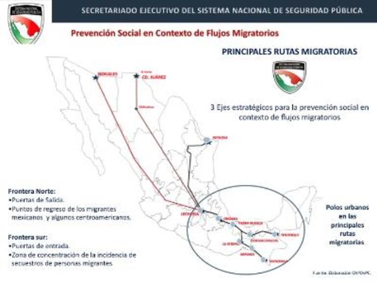 Principales rutas migratoriaImagen: Secretariado Ejecutivo del Sistema Nacional de de Seguridad Pública