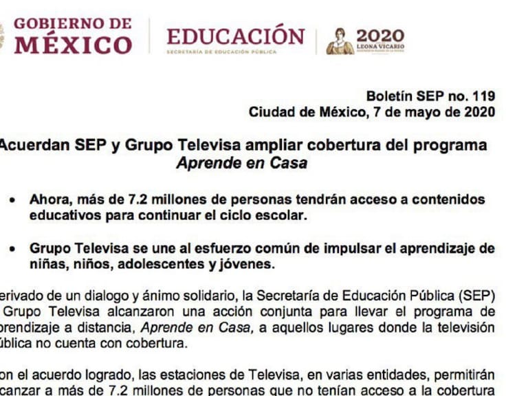 Acuerdan SEP y Grupo Televisa ampliar cobertura de “Aprende en Casa&quot;