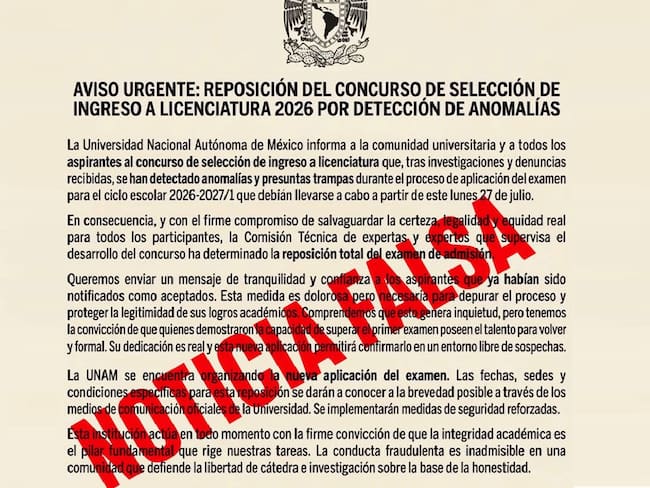 UNAM desmiente comunicado falso sobre examen de admisión y pide consultar sólo información oficial
