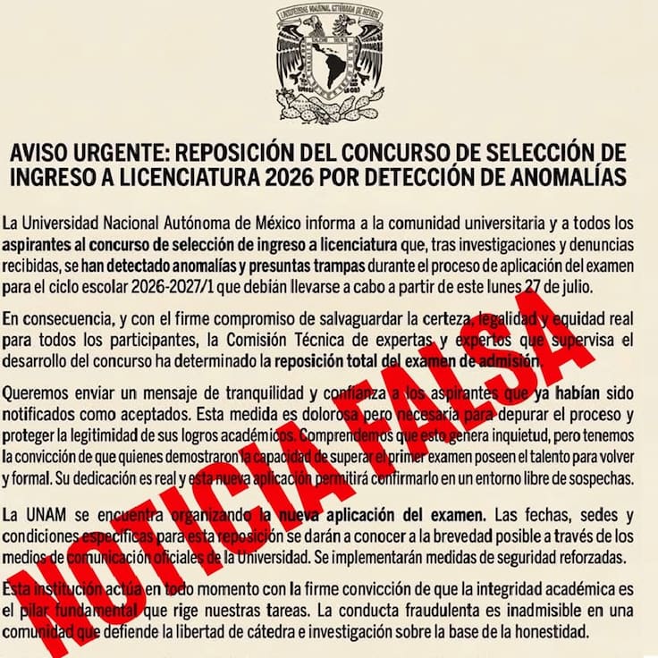 UNAM desmiente comunicado falso sobre examen de admisión y pide consultar sólo información oficial