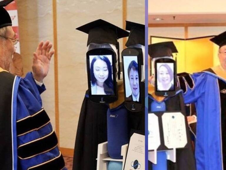 Por coronavirus robots recogen diplomas de estudiantes que se graduaron