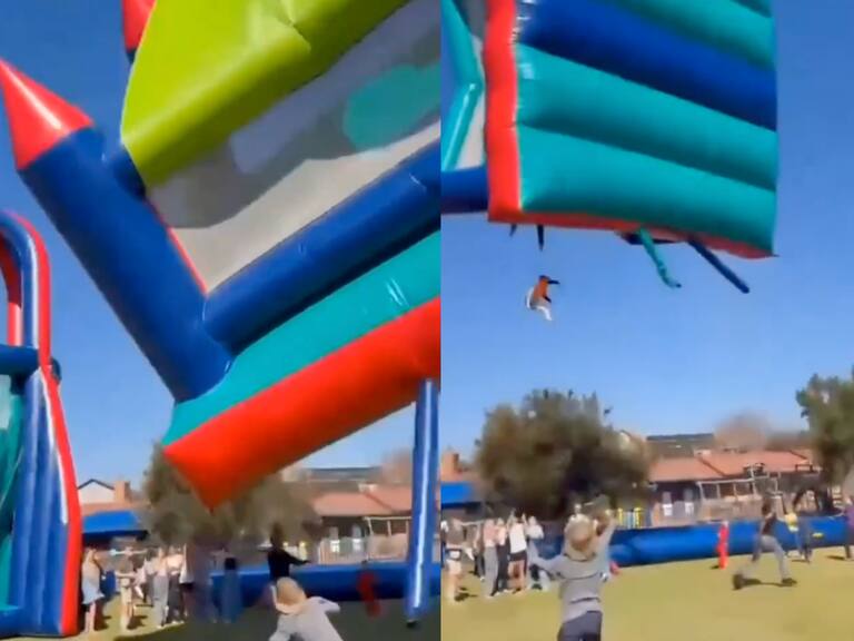 Un castillo inflable salió volando durante un festival escolar en la ciudad de Krugersdorp, Sudáfrica.