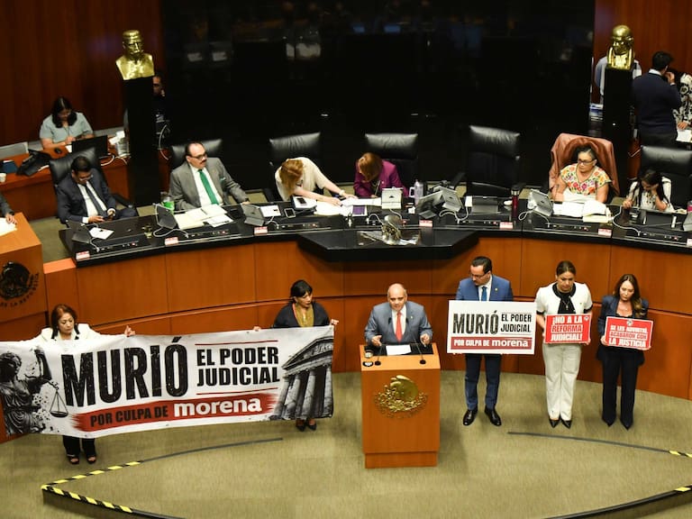 CIUDAD DE MÉXICO, 28MAYO2026.- Manuel Añorve Baños, senador del PRI junto a sus compañeros de bancada se manifestaron en contra de la reforma del Poder Judicial durante la sesión extraordinaria del Senado de la República
FOTO: MARIO JASSO/CUARTOSCURO.COM