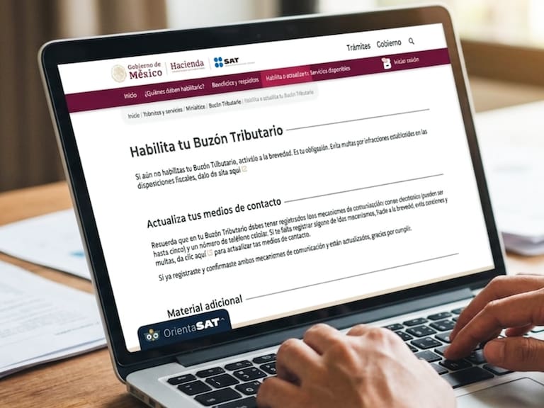 Imagen ilustrativa del portal del SAT donde se muestra el proceso para habilitar el Buzón Tributario y registrar medios de contacto para recibir notificaciones fiscales.