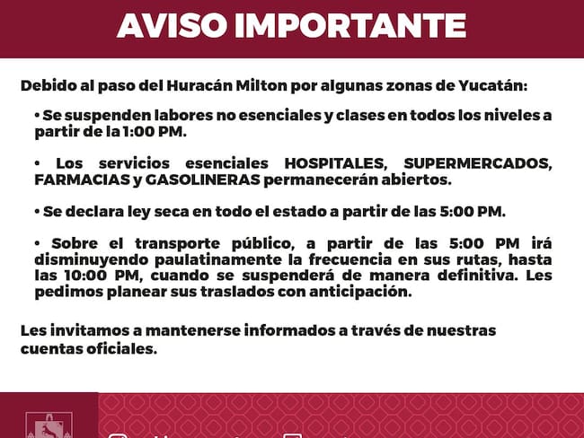 Alerta Roja en 69 municipios de Yucatán por la inminente llegada del huracán “Milton”