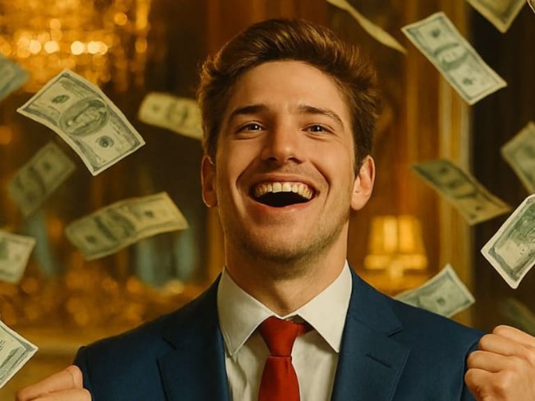 Un hombre celebra su buena fortuna. Imagen generada con ChatGPT