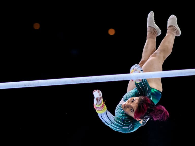 02 October 2023, Belgium, Antwerpen: Gymnastics: World Championship 2023, Women, Qualification, Sportpaleis. Alexa Moreno from Mexico in action on uneven bars. Photo: Tom Weller/dpa (Photo by Tom Weller/picture alliance via Getty Images)