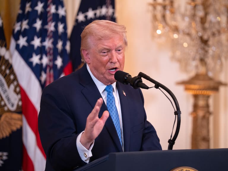WASHINGTON, DC - DECEMBER 16: President Donald Trump speaks at a Hanukkah reception on Tuesday, Dec. 16, 2025 at the White House in Washington, D.C. (Photo by Peter W. Stevenson/The Washington Post via Getty Images)
