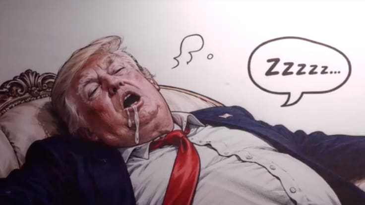 Irán lanza propaganda burlándose de Trump; lo ilustra obeso, dormido y babeando