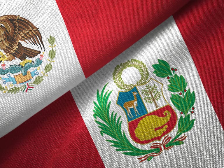 Peru and Mexico two flags together textile cloth fabric texture