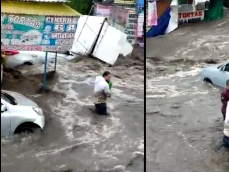 Hombres logran poner a salvo a un bebé de la inundación en Ecatepec, Edomex