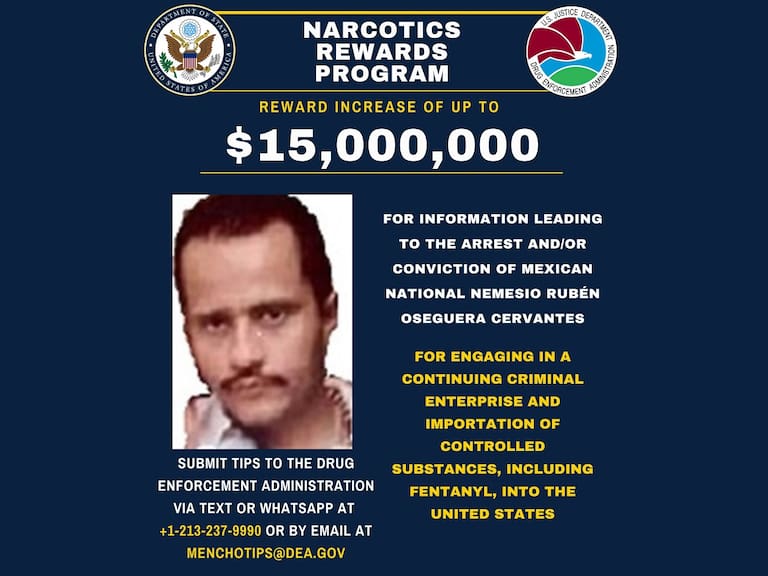 Hasta 15 millones de dólares ofreció el gobierno de EUA por información que lleve al arresto del narcotraficante mexicano Nemesio Rubén Oseguera Cervantes, alias “El Mencho”.
