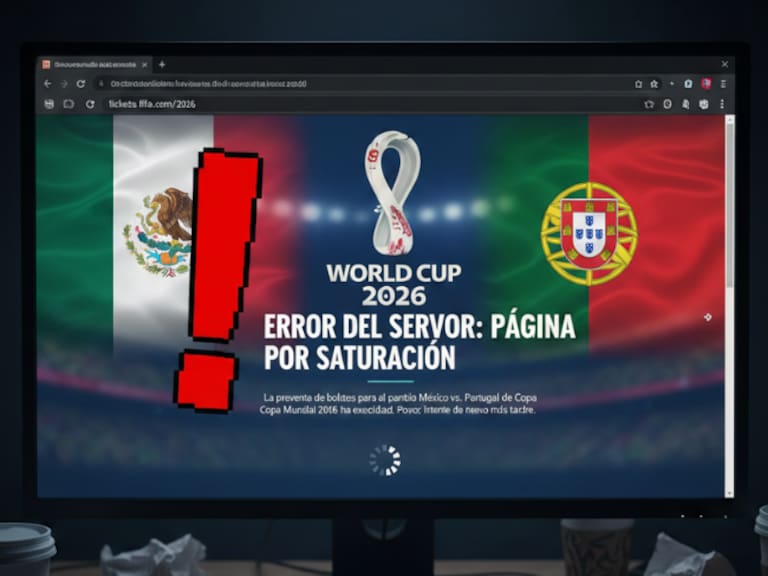 Visualización del frustrante momento de una preventa de boletos saturada. Muestra la pantalla de un monitor de escritorio con un mensaje de "ERROR DEL SERVIDOR: PÁGINA POR SATURACIÓN" en un sitio ficticio de la Copa Mundial 2026 para el partido México contra Portugal, debido a la alta demanda.