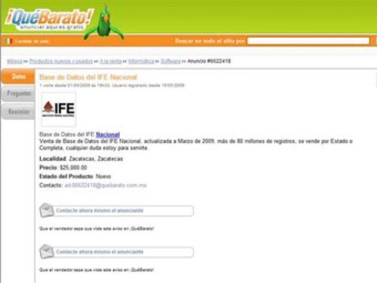 Padrón electoral a la venta por Internet