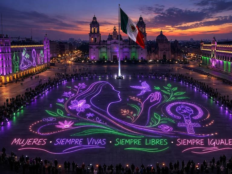 Iluminado del 8M en el Zócalo de la CDMX