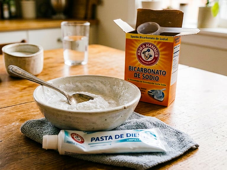 La mezcla de pasta de dientes y bicarbonato es uno de los remedios caseros más populares para limpiar superficies y eliminar manchas ligeras.