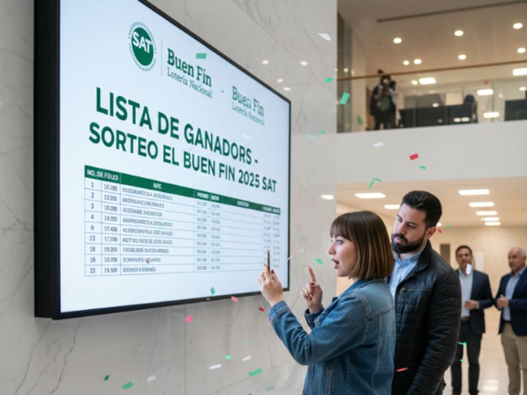 Imagen que ilustra la búsqueda de ganadores en la Lista oficial del Sorteo El Buen Fin 2025 organizado por el SAT. Un contribuyente revisa en el listado para verificar si ganó alguno de los premios del sorteo.