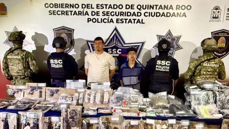 Golpe al CJNG en Cancún: Autoridades detienen a dos; aseguran 44 armas de fuego, granadas y equipo táctico