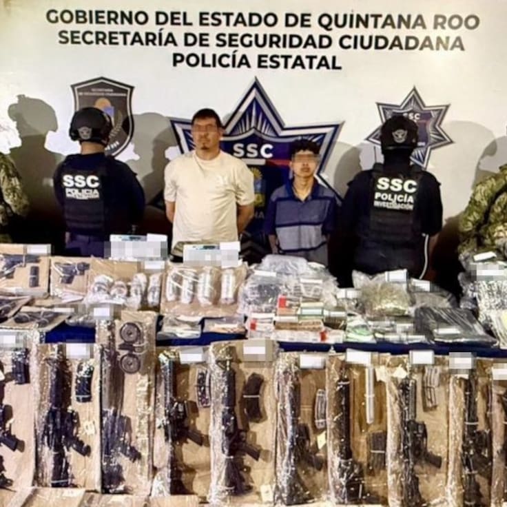 Golpe al CJNG en Cancún: Autoridades detienen a dos; aseguran 44 armas de fuego, granadas y equipo táctico