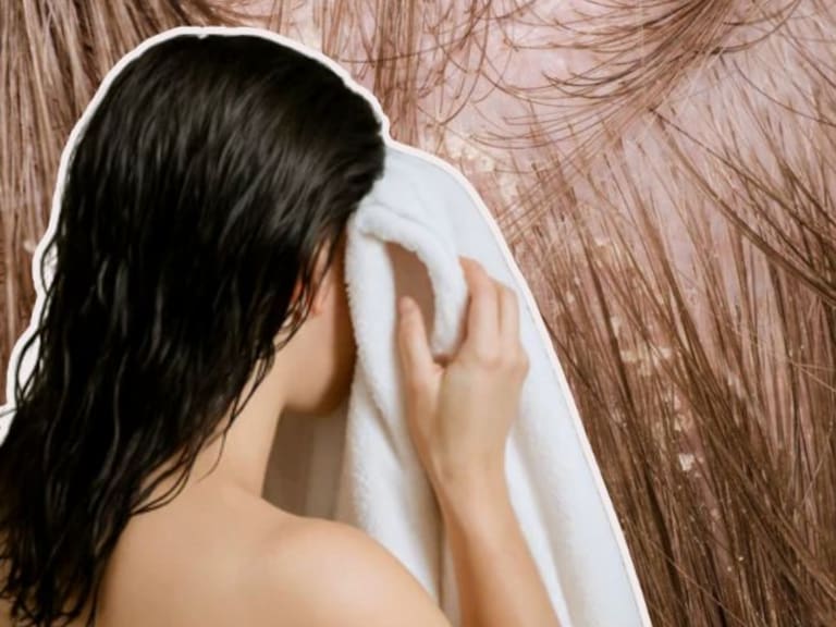 Una mujer se seca el cabello con una toalla. Imagen generada con Canva