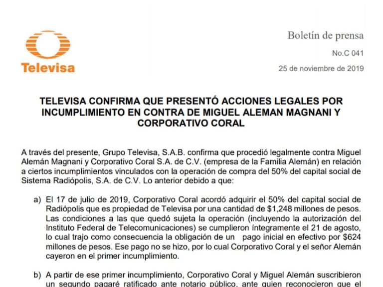 Televisa presentó acciones legales contra Miguel Alemán Magnani