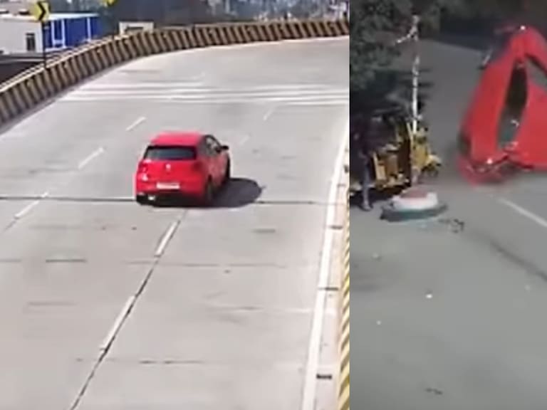 Carro pierde el control y cae de un puente sobre una calle transitada