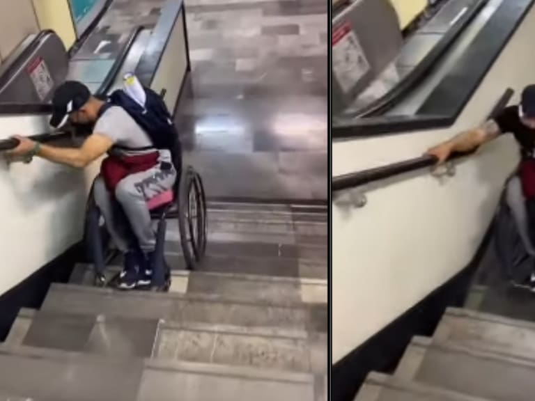 Hombre en silla de ruedas muestra como baja las escaleras del Metro CDMX