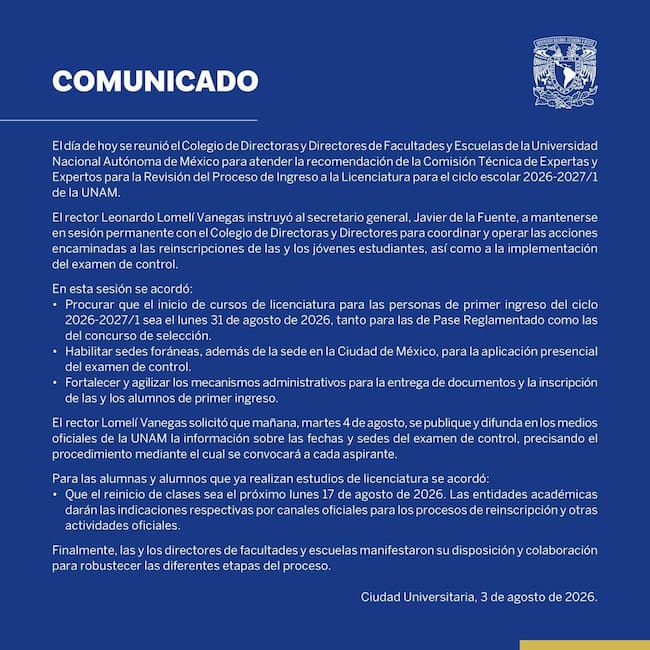Comunicado oficial de la UNAM sobre el cambio en las fechas de inicio de clases del ciclo escolar 2026-2027 para estudiantes de nuevo ingreso y reingreso.