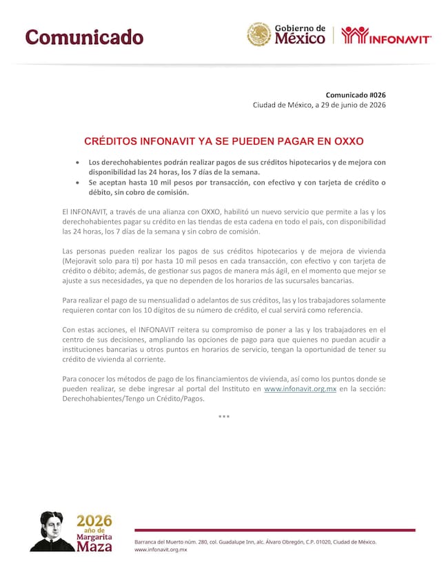 Comunicado oficial del Infonavit sobre la nueva opción para pagar créditos hipotecarios y de mejora de vivienda en tiendas OXXO sin comisión.