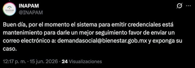 Aviso de INAPAM sobre suspensión de emisión de credenciales por mantenimiento del sistema