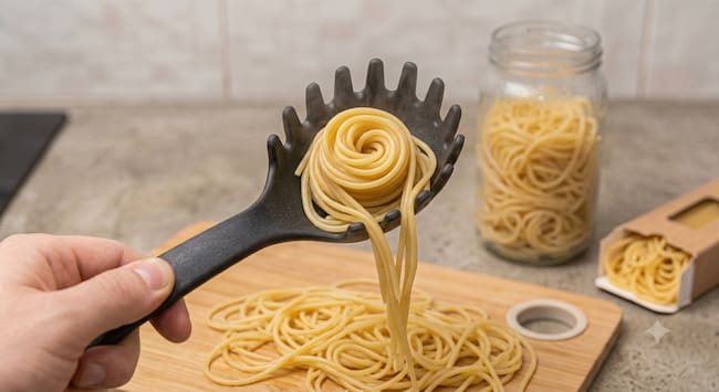 Cuchara para pasta sosteniendo una porción de espagueti cocido enrollado, lista para servir.