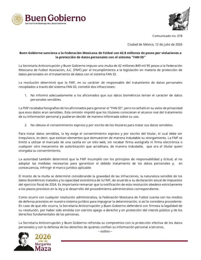 Secretaría Anticorrupción y Buen Gobierno impuso una multa a la FMF