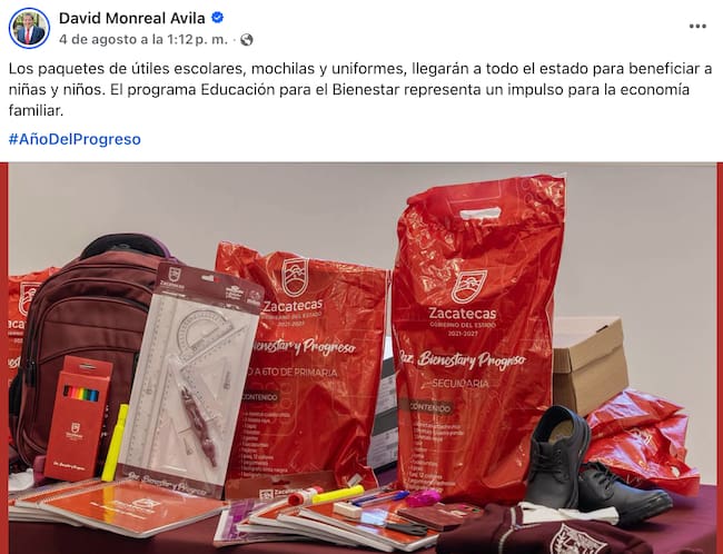 Publicación en Facebook del gobernador de Zacatecas donde anuncia la entrega de útiles escolares, mochilas y uniformes gratuitos para estudiantes de primaria y secundaria.