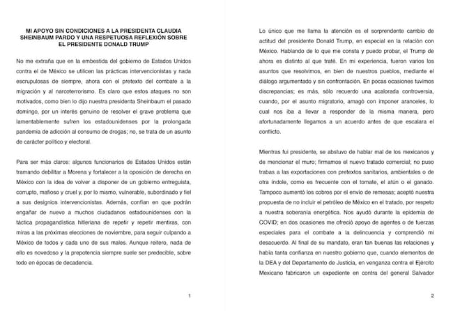 Carta pública de Andrés Manuel López Obrador.