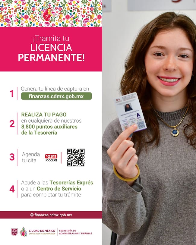 Infografía con el proceso para tramitar la licencia permanente en la Ciudad de México, desde la generación de la línea de captura hasta la cita presencial.