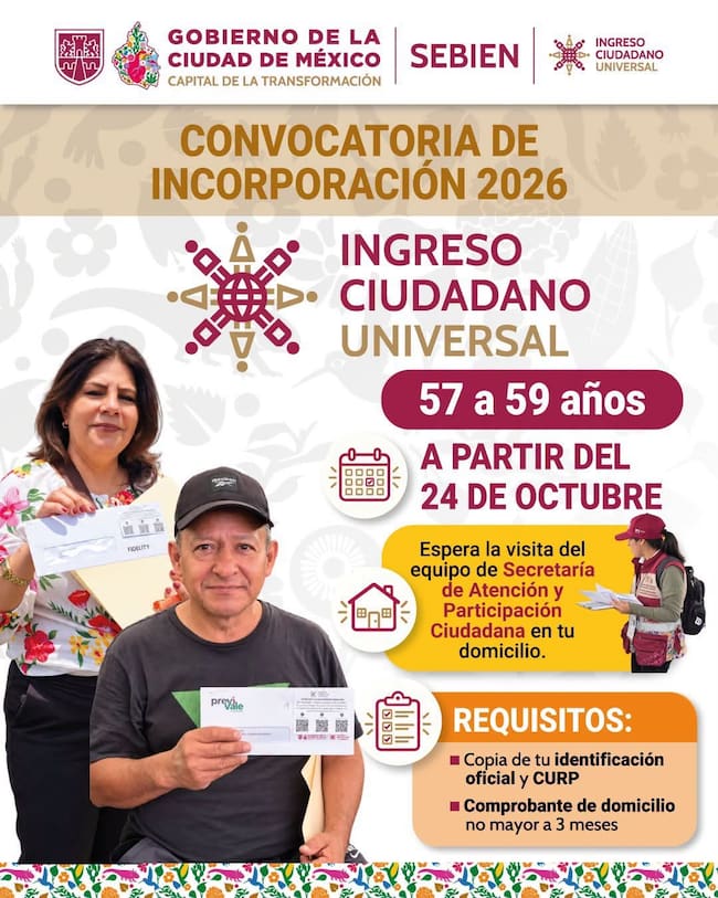 Convocatoria del Ingreso Ciudadano Universal 2026 para personas de 57 a 59 años; incorporaciones mediante visitas domiciliarias en CDMX